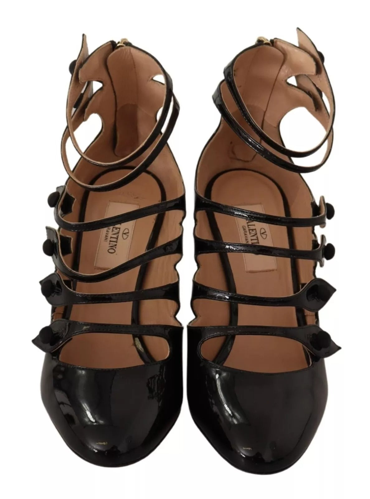 Valentino Black Multi Strap Leather Mid Heels Pumps Shoes